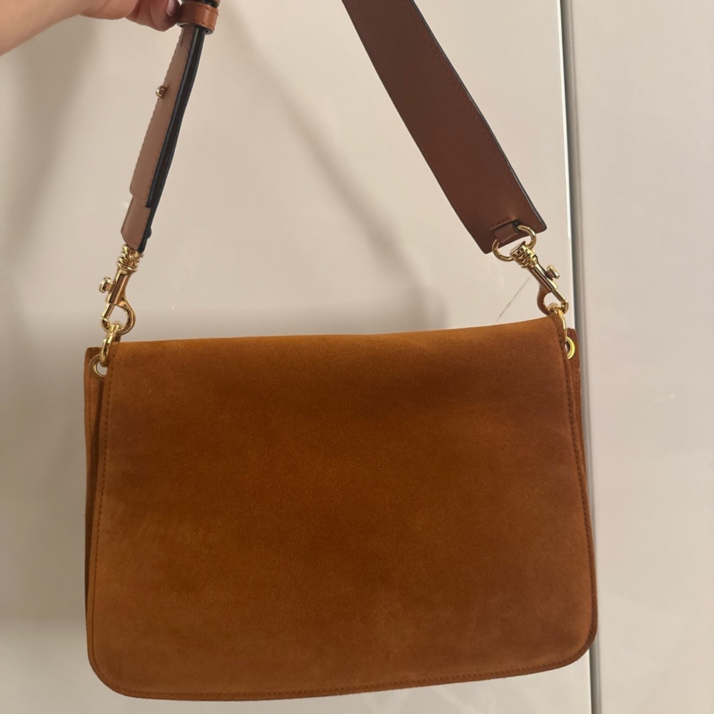 JW ANDERSON Tan Brown Suede Shoulder Bag with Gold Hardware